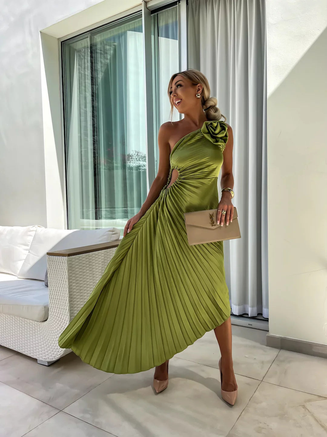 CALORA_ Romantische Bloemenjurk Met One Shoulder En Elegant