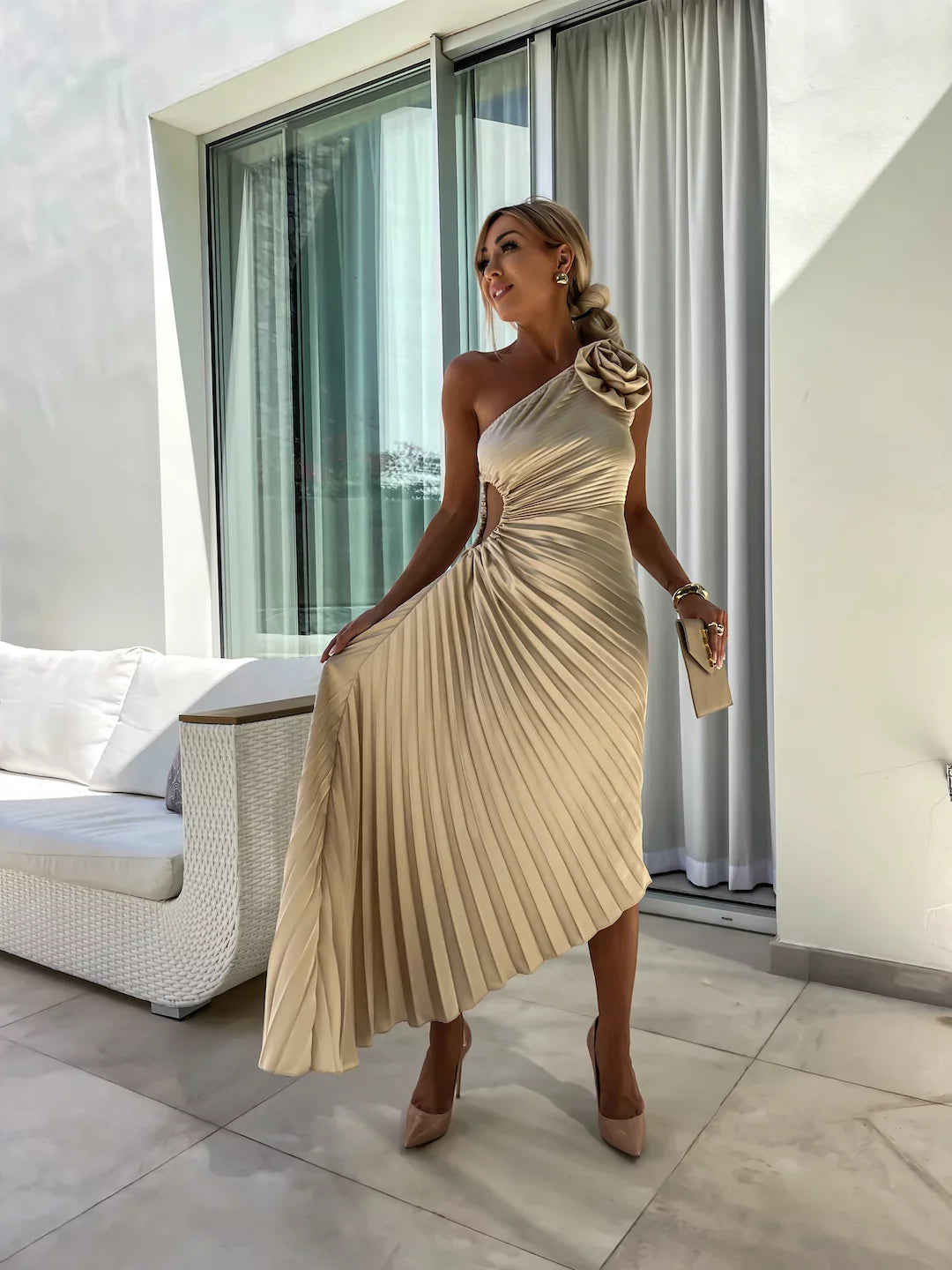 CALORA_ Romantische Bloemenjurk Met One Shoulder En Elegant