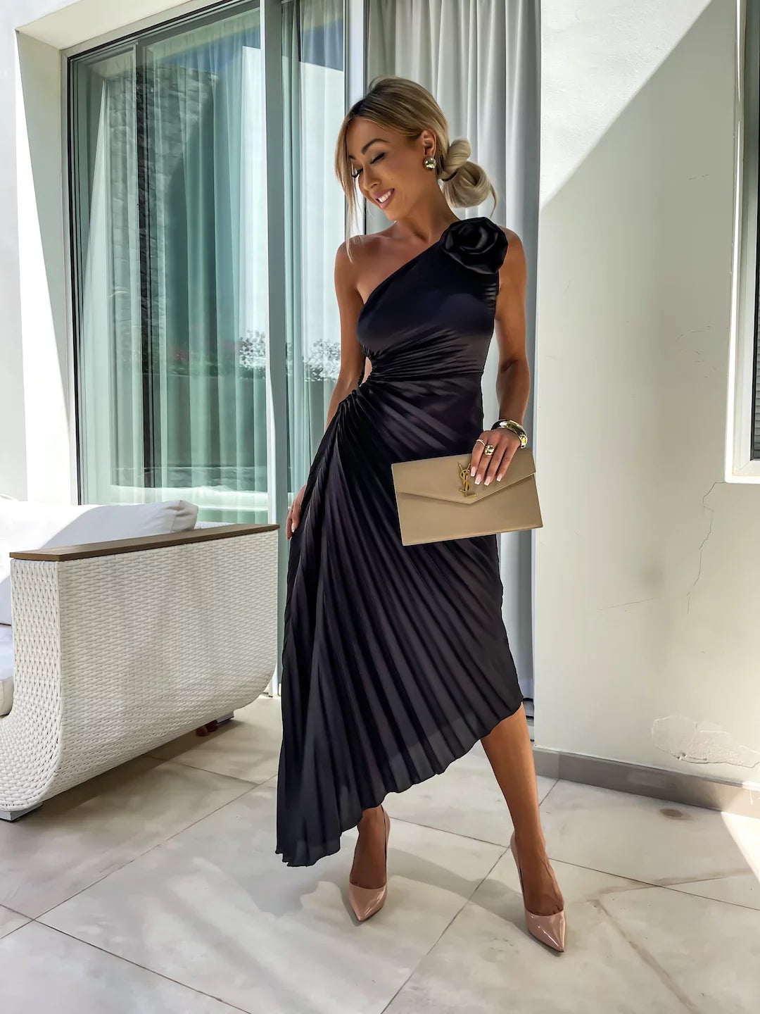 CALORA_ Romantische Bloemenjurk Met One Shoulder En Elegant