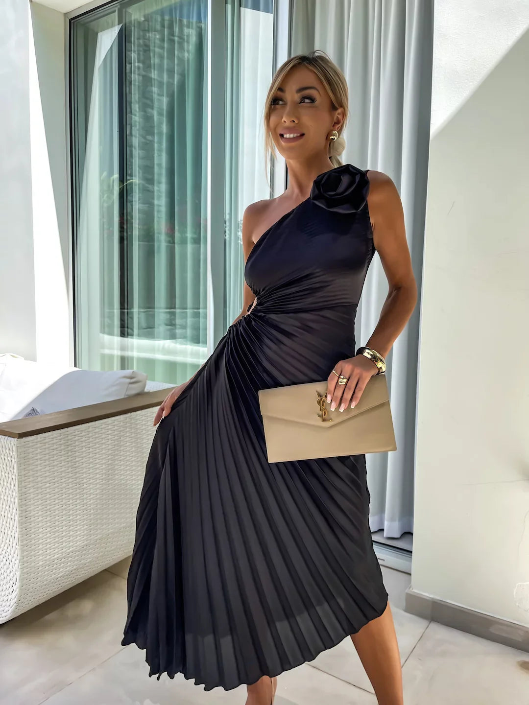 CALORA_ Romantische Bloemenjurk Met One Shoulder En Elegant