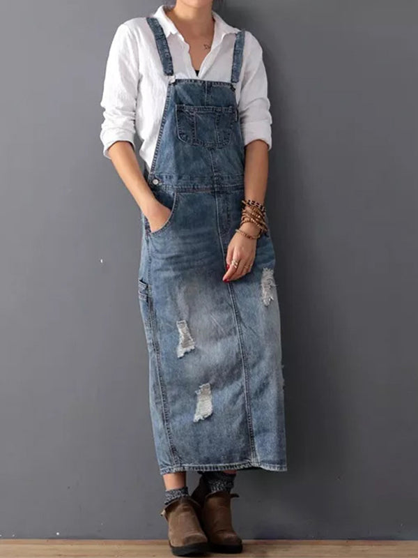 CALORA_ Rug Splits Versleten Denim Overall Jurk voor Casual Look