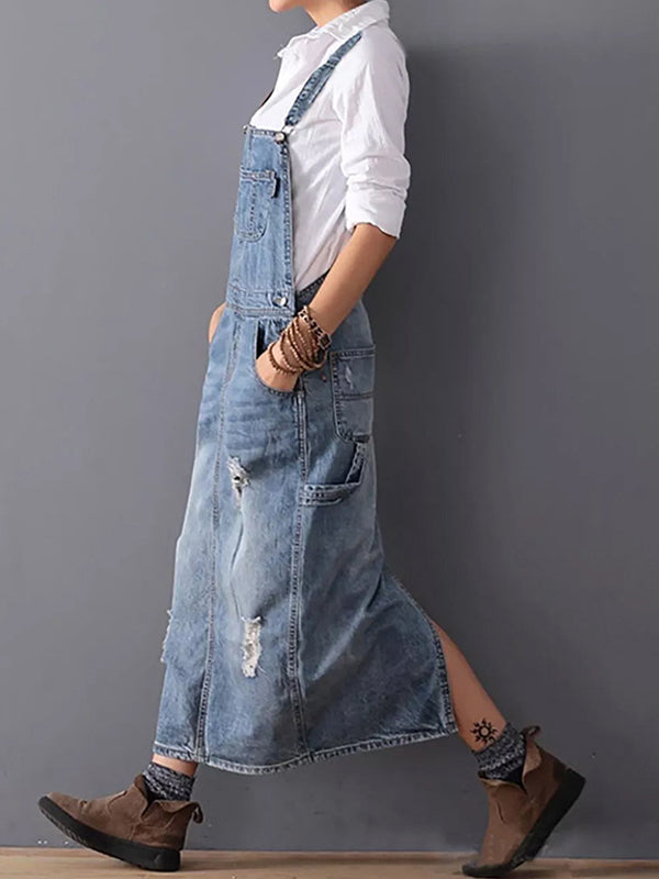 CALORA_ Rug Splits Versleten Denim Overall Jurk voor Casual Look