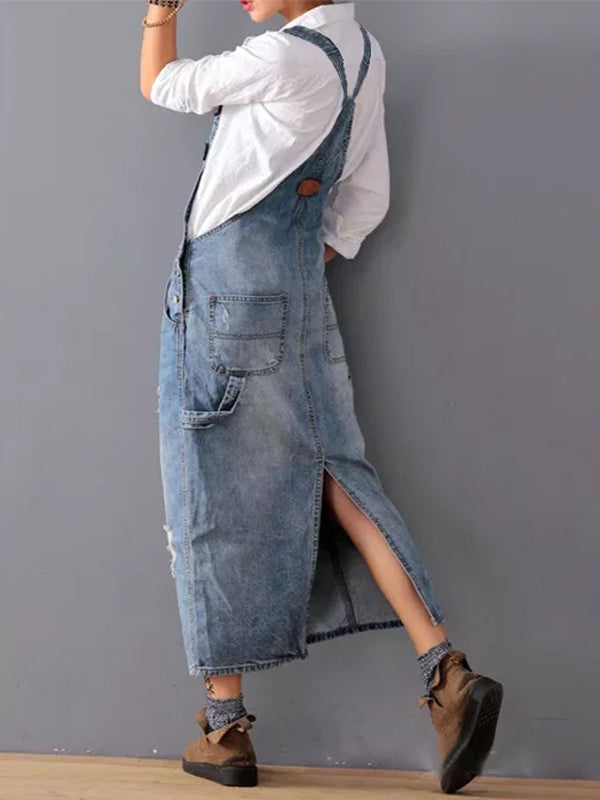 CALORA_ Rug Splits Versleten Denim Overall Jurk voor Casual Look