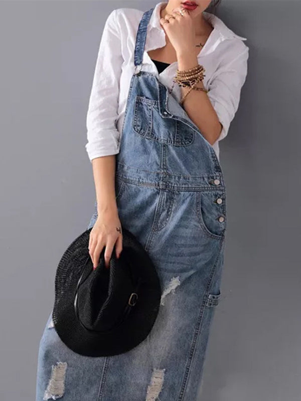 CALORA_ Rug Splits Versleten Denim Overall Jurk voor Casual Look