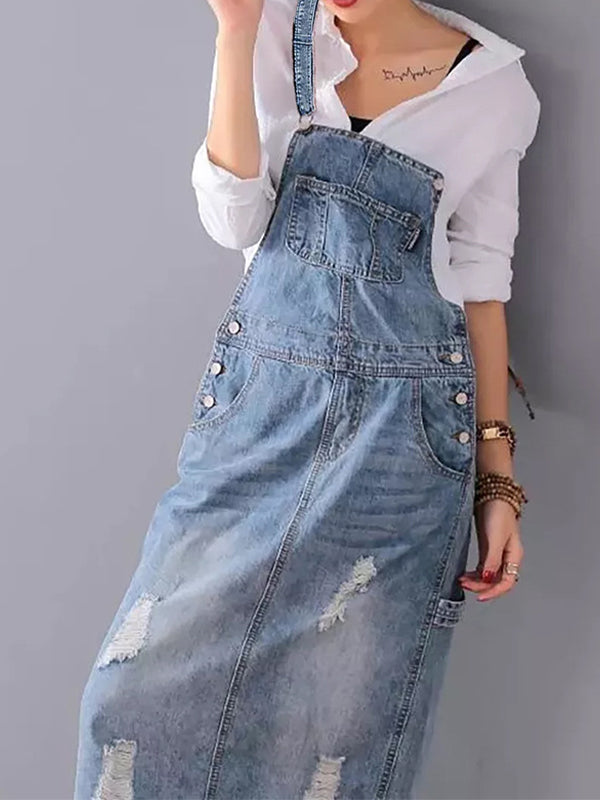 CALORA_ Rug Splits Versleten Denim Overall Jurk voor Casual Look