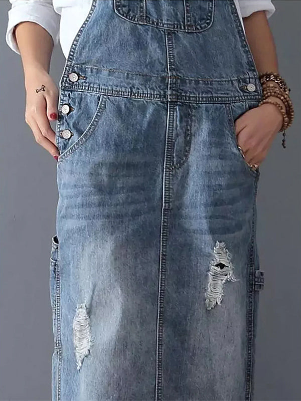 CALORA_ Rug Splits Versleten Denim Overall Jurk voor Casual Look