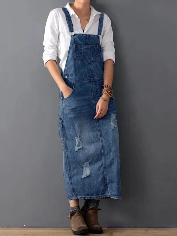 CALORA_ Rug Splits Versleten Denim Overall Jurk voor Casual Look