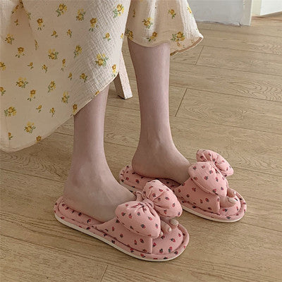 CALORA_ Schattige Vrouwelijke Zomer Linnen Slippers met Strik en Flat Design