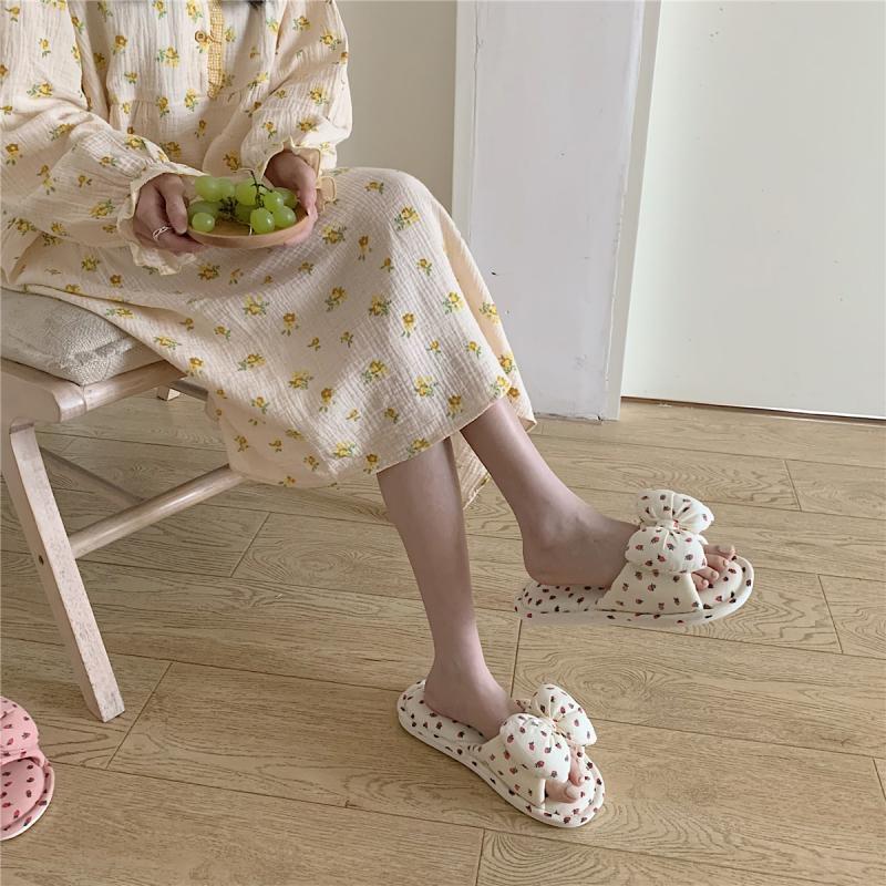 CALORA_ Schattige Vrouwelijke Zomer Linnen Slippers met Strik en Flat Design