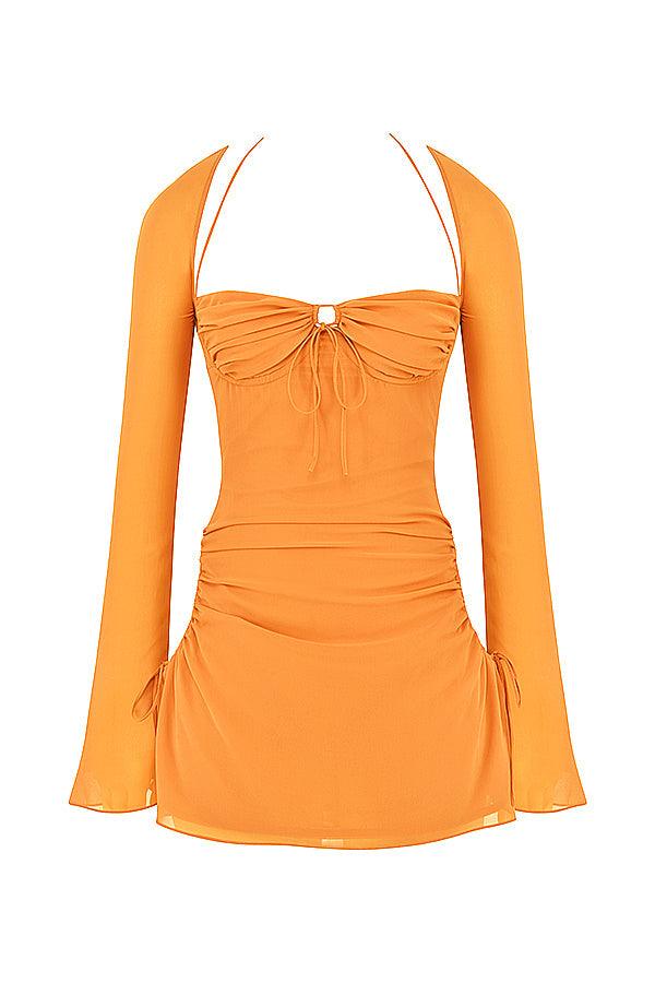 CALORA_ Serena | Halter mini jurk van chiffon met elegante uitsnijding