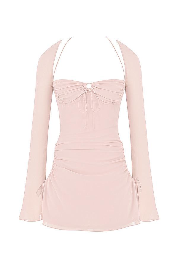 CALORA_ Serena | Halter mini jurk van chiffon met elegante uitsnijding