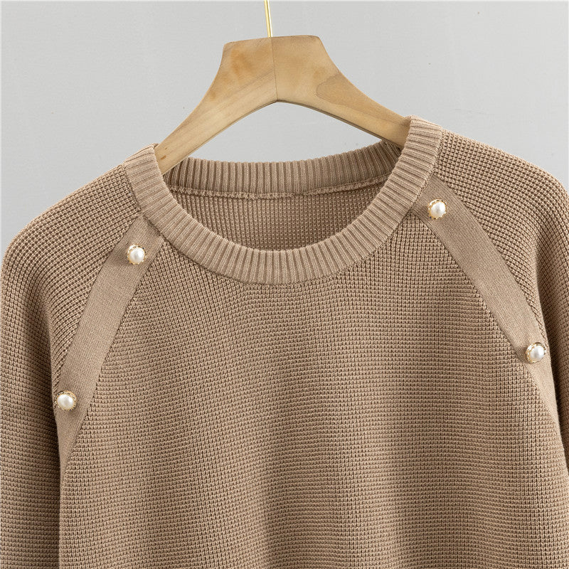 CALORA_ Set van gebreide trui en broek met kralen voor dames in de lente en herfst