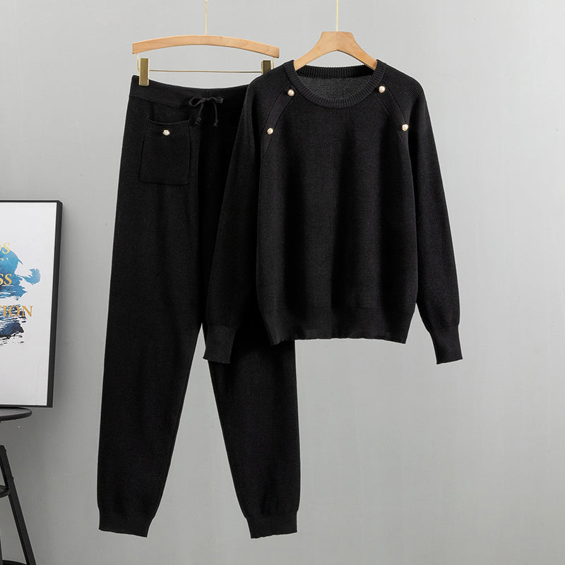 CALORA_ Set van gebreide trui en broek met kralen voor dames in de lente en herfst