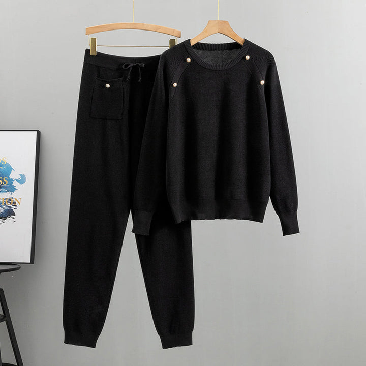 CALORA_ Set van gebreide trui en broek met kralen voor dames in de lente en herfst