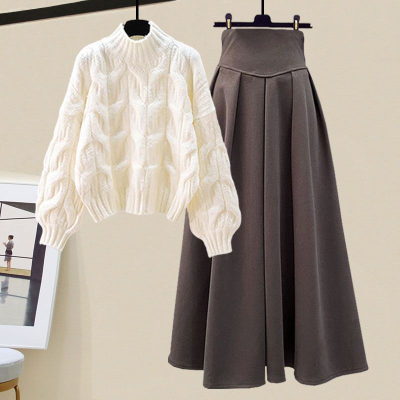 CALORA_ Set van gebreide trui en rok voor dames in een slim fit - tweedelige outfit
