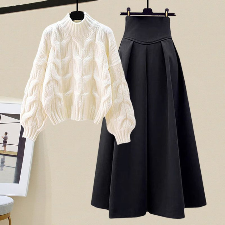 CALORA_ Set van gebreide trui en rok voor dames in een slim fit - tweedelige outfit