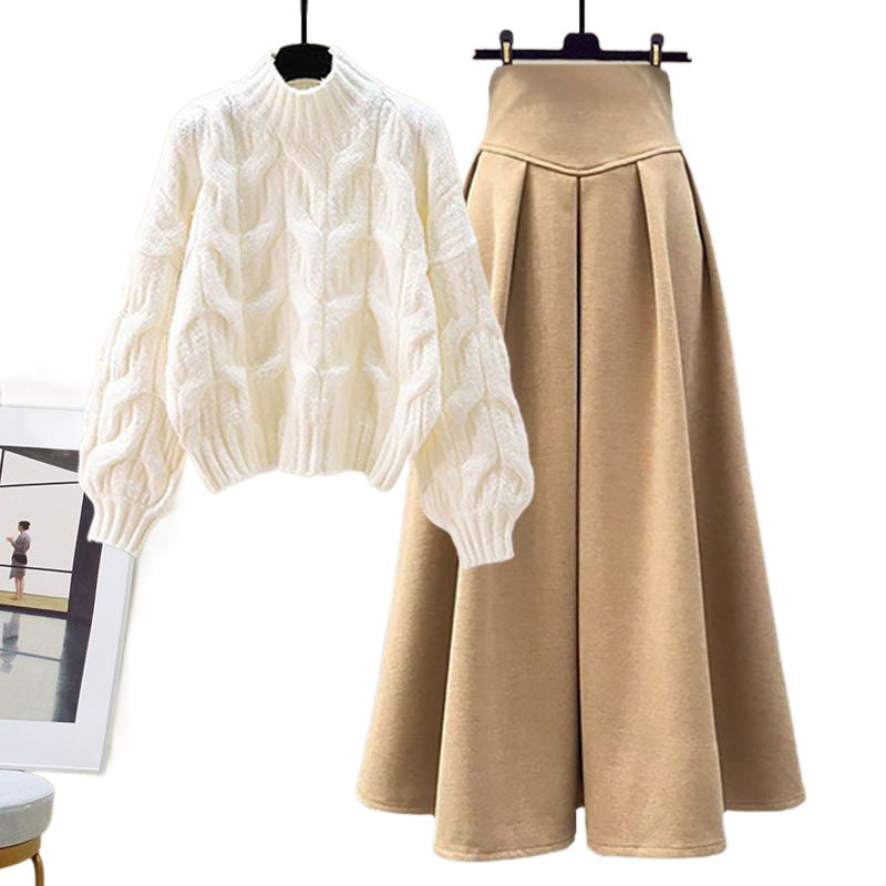 CALORA_ Set van gebreide trui en rok voor dames in een slim fit - tweedelige outfit