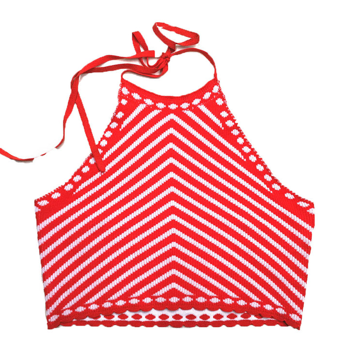 CALORA_ Sexy Halternek Top met Korte Mouwen en Gestreept Patroon