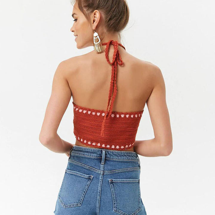 CALORA_ Sexy Halternek Top met Korte Mouwen en Gestreept Patroon
