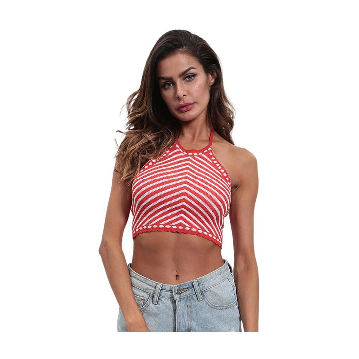 CALORA_ Sexy Halternek Top met Korte Mouwen en Gestreept Patroon