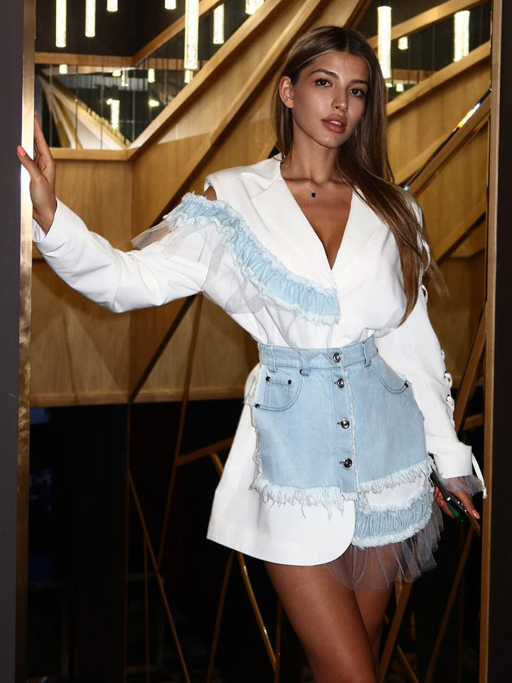 CALORA_ Slank Katoenen Kanten Stiksels Pak met Lange Mouwen en Reverskraag