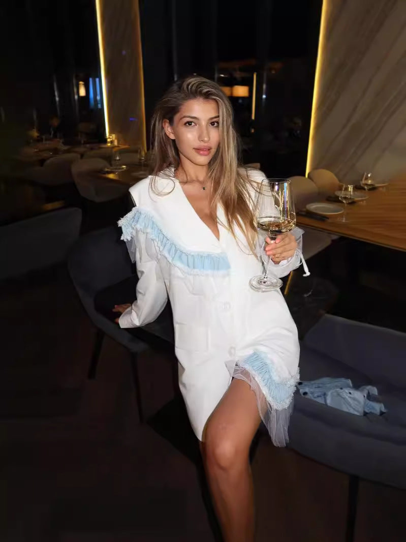 CALORA_ Slank Katoenen Kanten Stiksels Pak met Lange Mouwen en Reverskraag