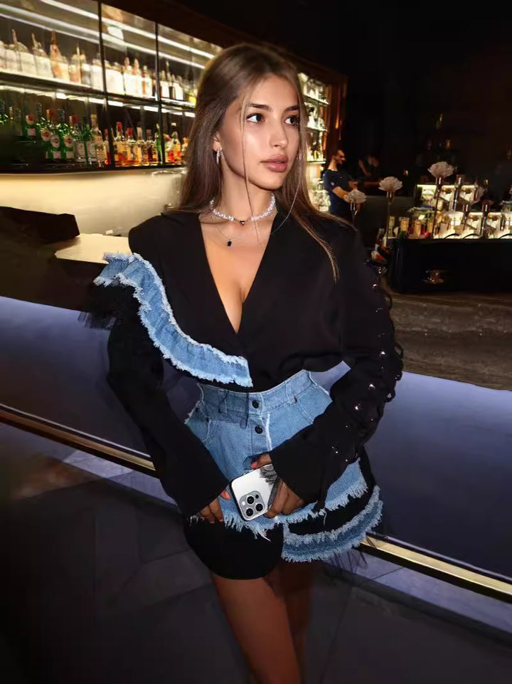 CALORA_ Slank Katoenen Kanten Stiksels Pak met Lange Mouwen en Reverskraag