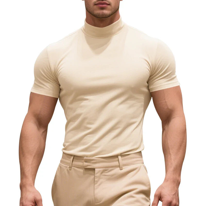 CALORA_ Slim Fit T-Shirt met Col van Ademend Stretchkatoen met Korte Mouwen