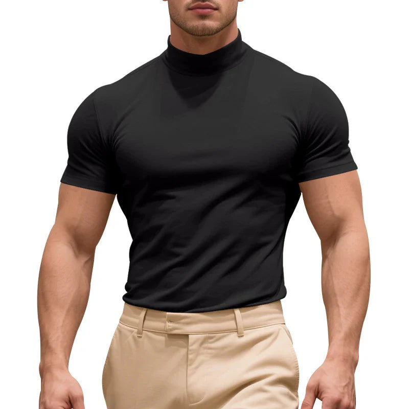 CALORA_ Slim Fit T-Shirt met Col van Ademend Stretchkatoen met Korte Mouwen