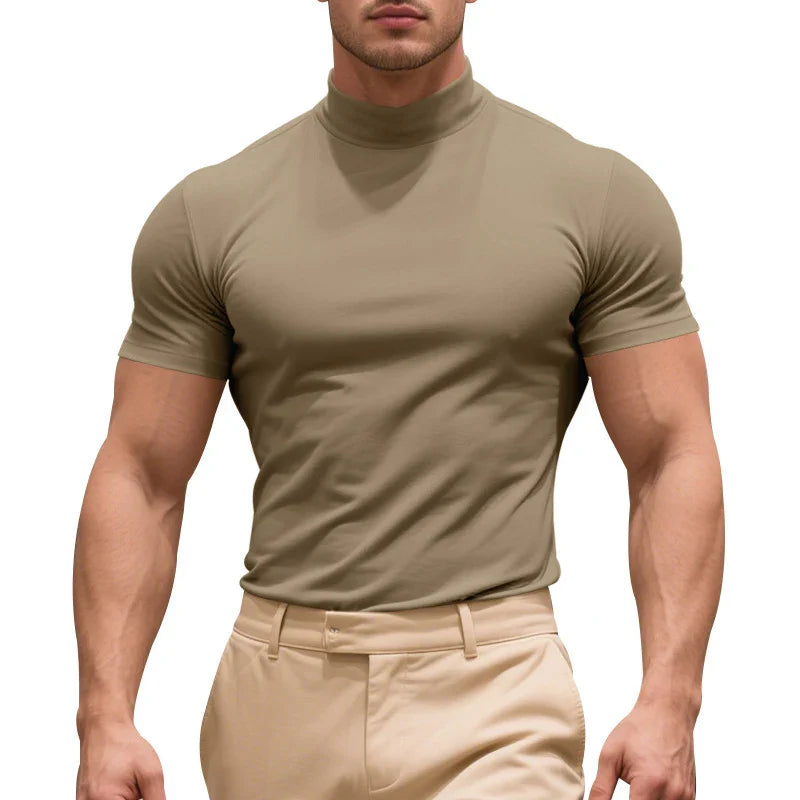 CALORA_ Slim Fit T-Shirt met Col van Ademend Stretchkatoen met Korte Mouwen