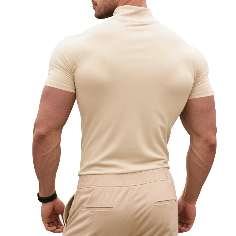 CALORA_ Slim Fit T-Shirt met Col van Ademend Stretchkatoen met Korte Mouwen