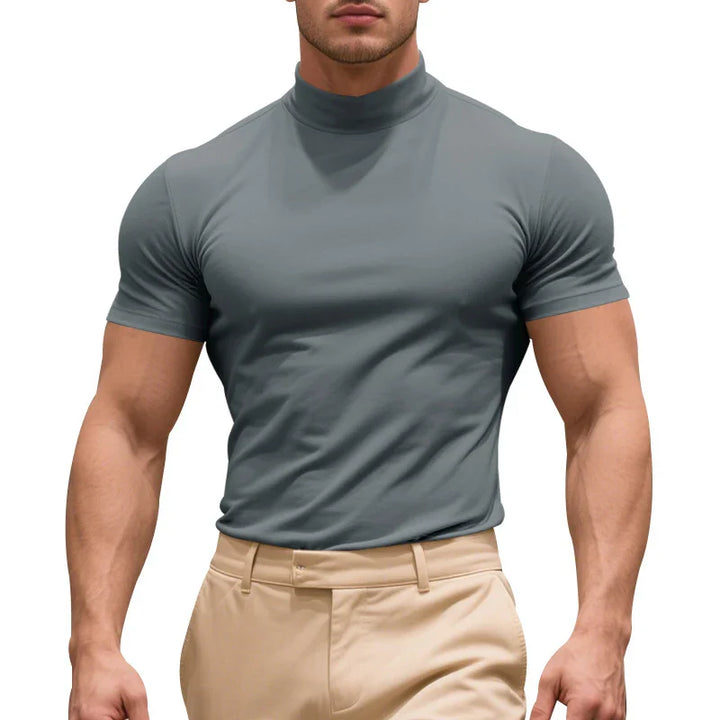 CALORA_ Slim Fit T-Shirt met Col van Ademend Stretchkatoen met Korte Mouwen