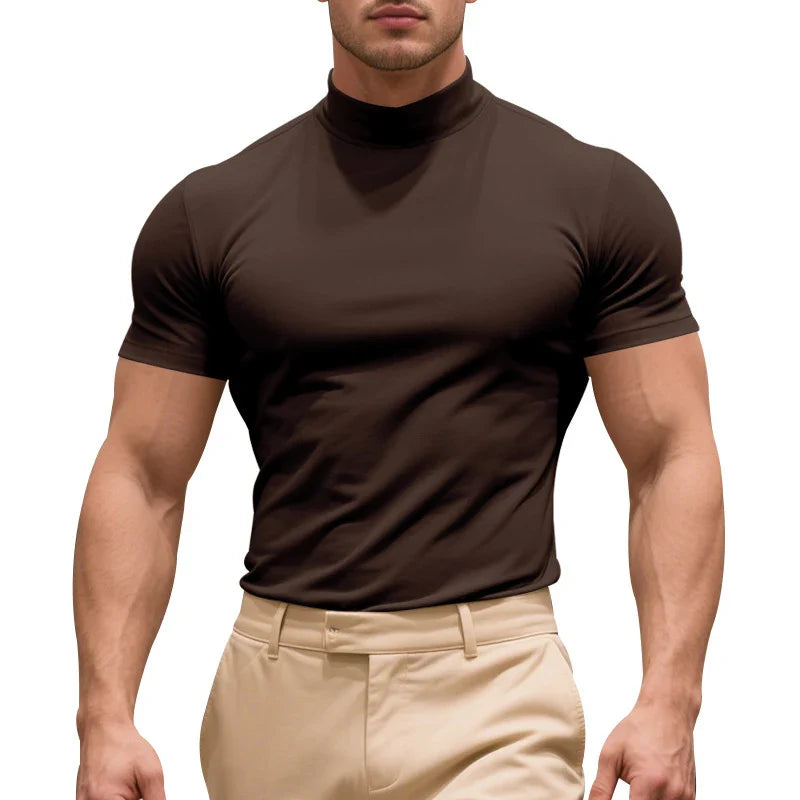 CALORA_ Slim Fit T-Shirt met Col van Ademend Stretchkatoen met Korte Mouwen