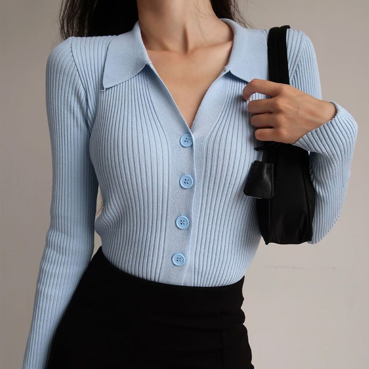 CALORA_ Slim fit V-hals revers vest trui