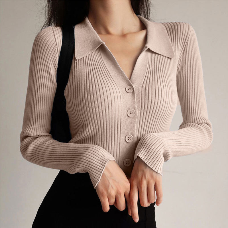 CALORA_ Slim fit V-hals revers vest trui
