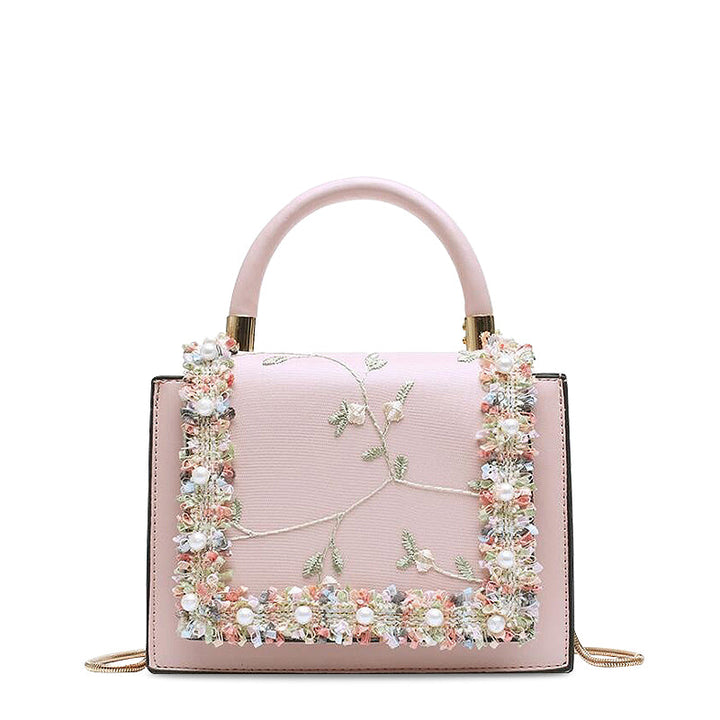 CALORA_ Stijlvolle Bloemen Handtas van Vegan Leren met Goudkleurige Details