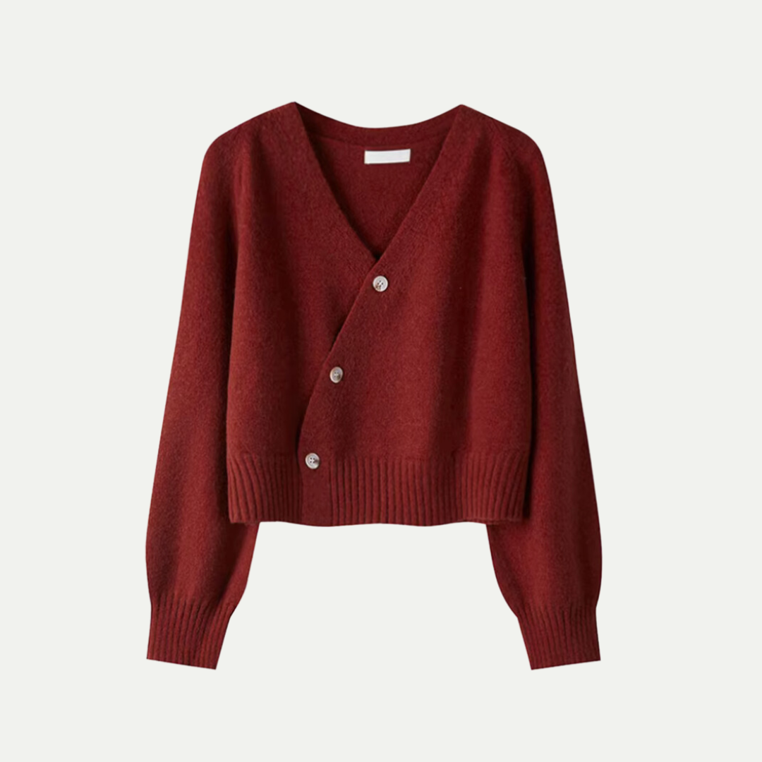 CALORA_ Stijlvolle V-hals Cardigan met Scheve Knopen van Merinowol