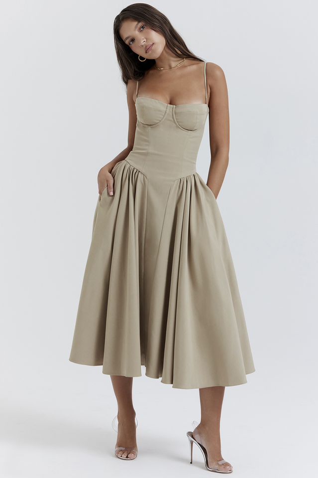 CALORA_ Taupe Corset Zomerjurk met Sweetheart Halslijn en Bandjes