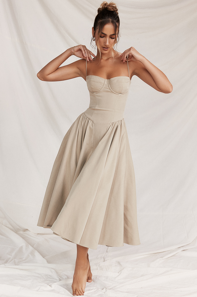 CALORA_ Taupe Corset Zomerjurk met Sweetheart Halslijn en Bandjes