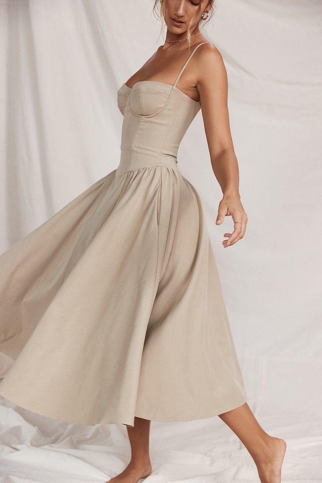 CALORA_ Taupe Corset Zomerjurk met Sweetheart Halslijn en Bandjes