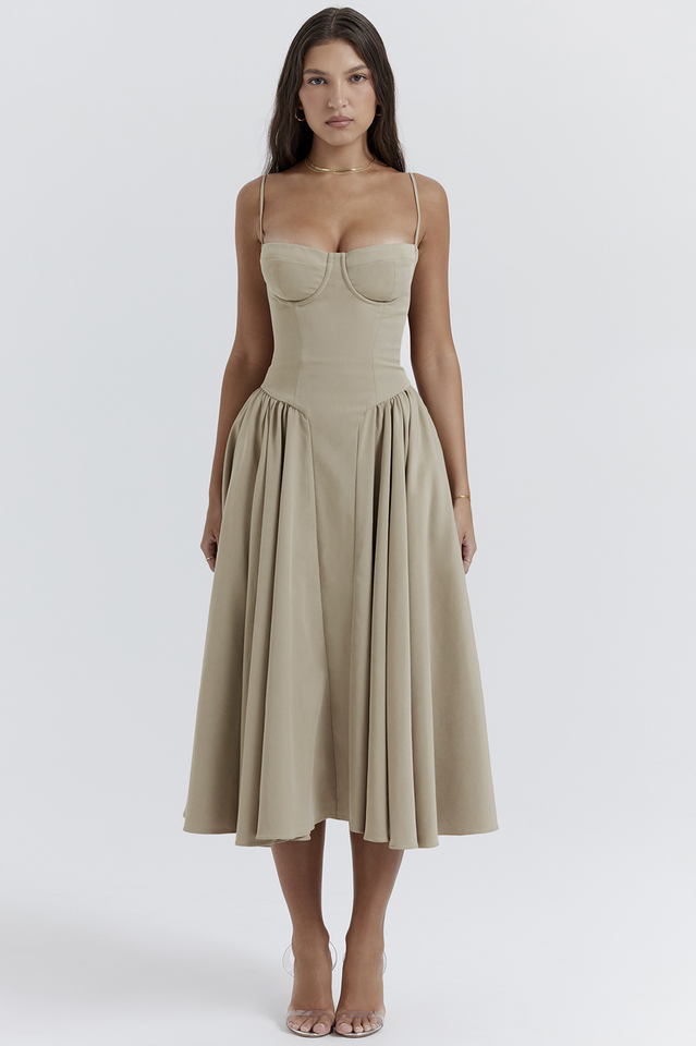 CALORA_ Taupe Corset Zomerjurk met Sweetheart Halslijn en Bandjes