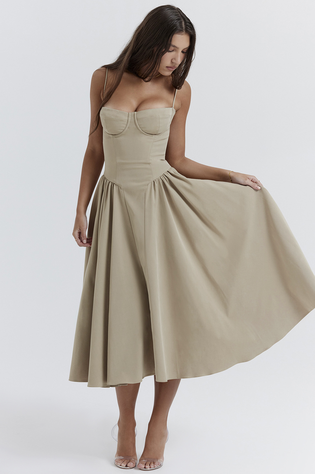 CALORA_ Taupe Corset Zomerjurk met Sweetheart Halslijn en Bandjes