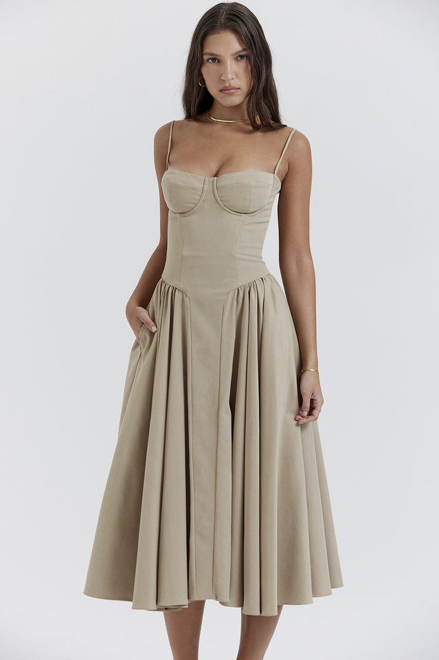 CALORA_ Taupe Corset Zomerjurk met Sweetheart Halslijn en Bandjes