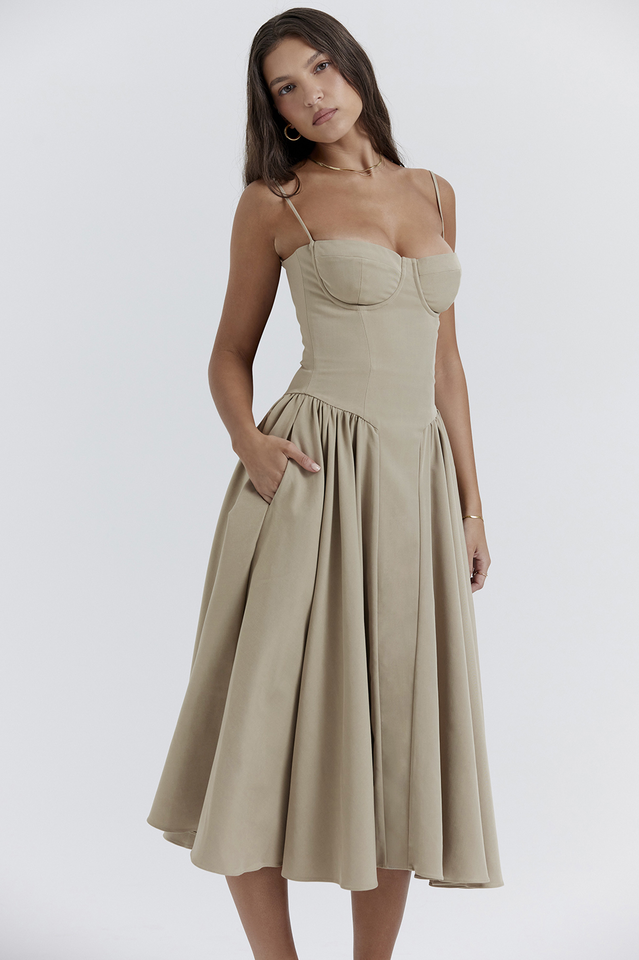 CALORA_ Taupe Corset Zomerjurk met Sweetheart Halslijn en Bandjes