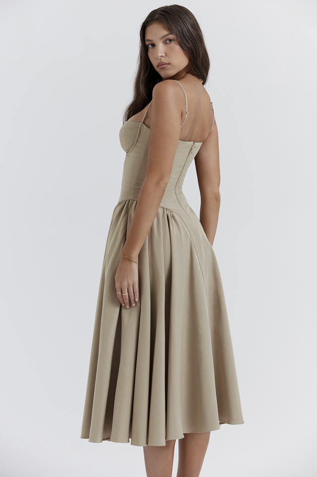 CALORA_ Taupe Corset Zomerjurk met Sweetheart Halslijn en Bandjes