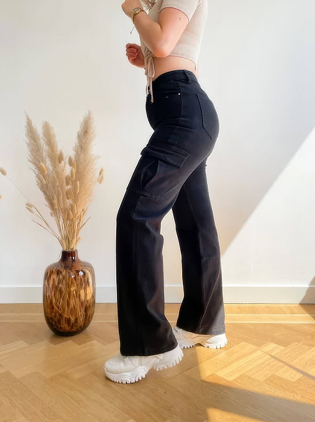 CALORA_ Trendy Cargo Jeans met Verstelbare Pasvorm en Functionele Zakken