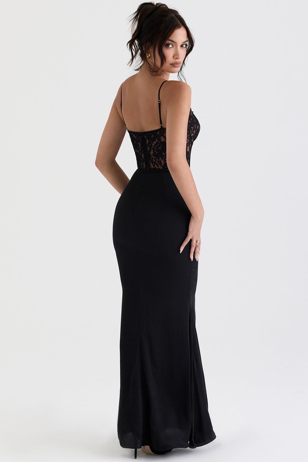 CALORA_ Triana | Zwarte korset maxi jurk