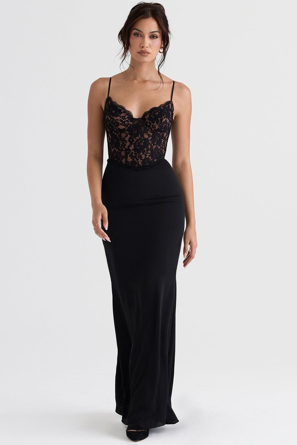 CALORA_ Triana | Zwarte korset maxi jurk