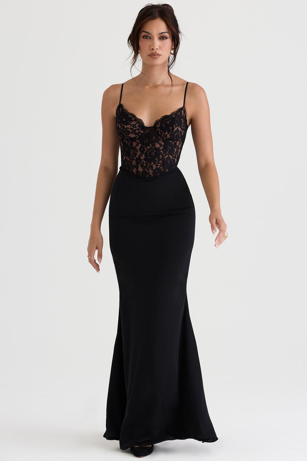 CALORA_ Triana | Zwarte korset maxi jurk