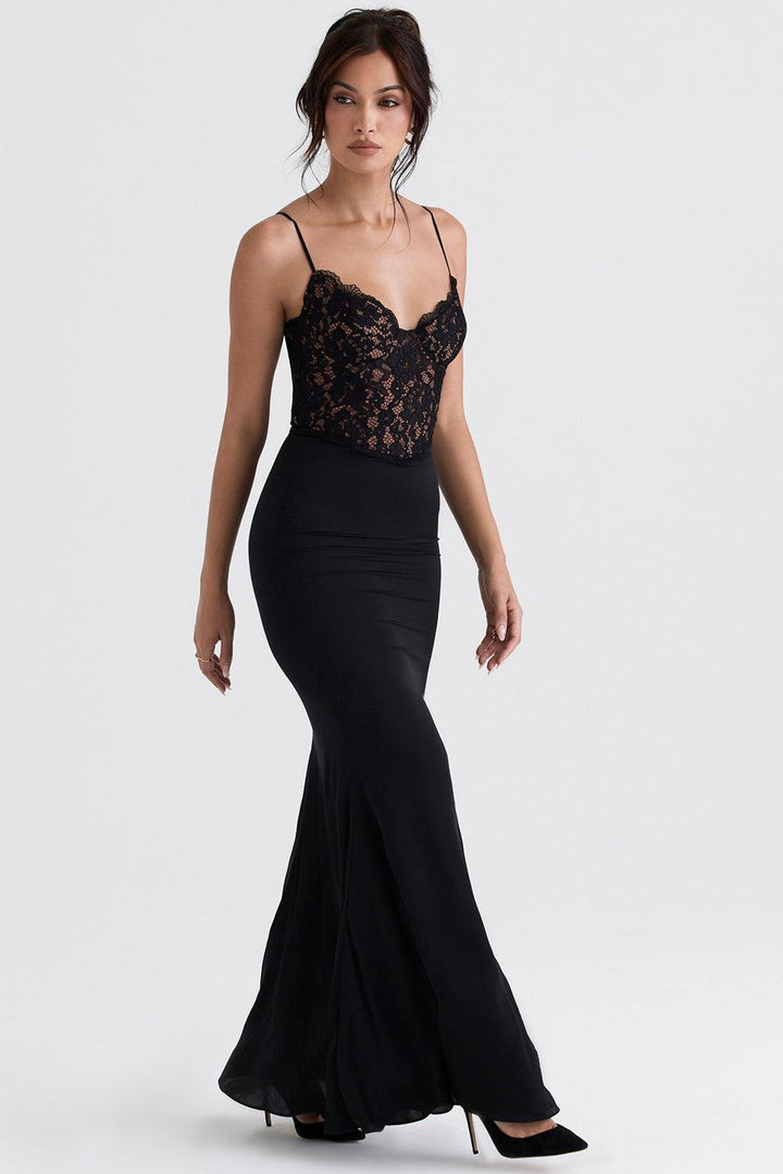 CALORA_ Triana | Zwarte korset maxi jurk